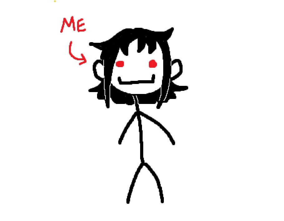 A doodle of myself made in MS Paint. It's a smiling stick figure with shoulderlength black hair, and red eyes.